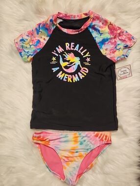 Mermaid' Rash Guard 2pc Set - Black with Tie-Dye - Girls Size: 10-12